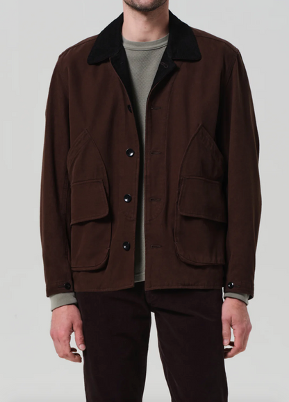 Person wearing Citizens of Humanity Men's Hunter Jacket in Dark Brown