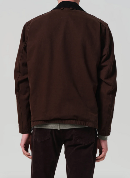 Person wearing Citizens of Humanity Men's Hunter Jacket in Dark Brown