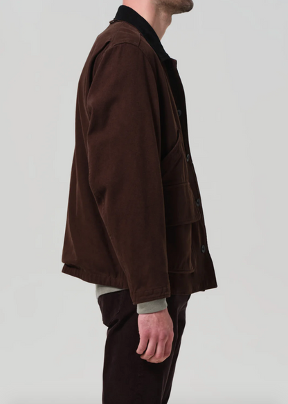 Person wearing Citizens of Humanity Men's Hunter Jacket in Dark Brown