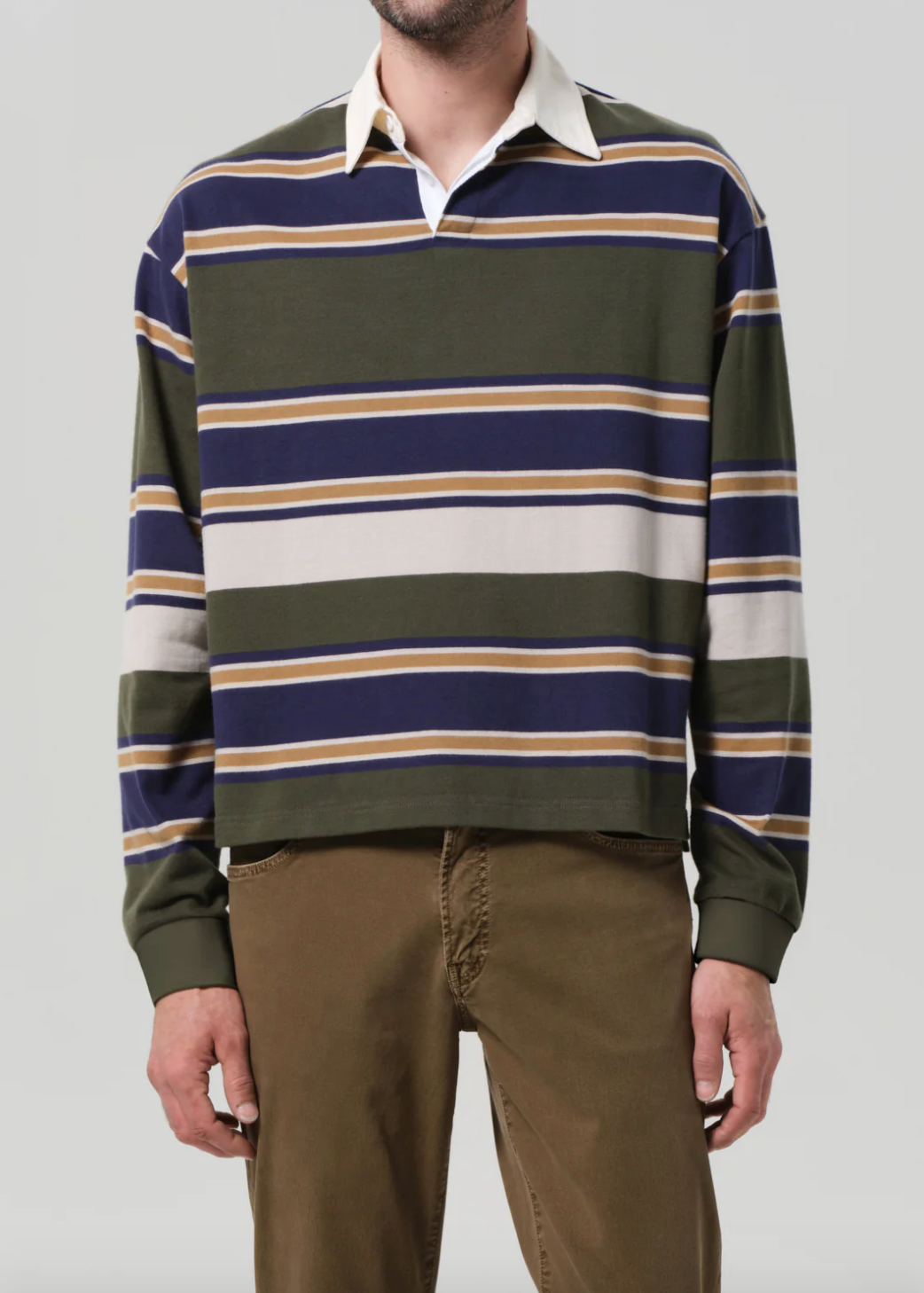 Person wearing Citizens of Humanity Mens Rugby Shirt in Green Stripe