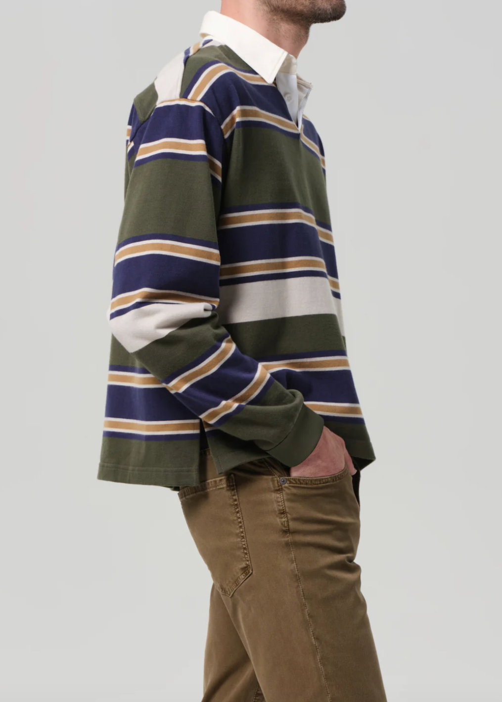 Person wearing Citizens of Humanity Mens Rugby Shirt in Green Stripe