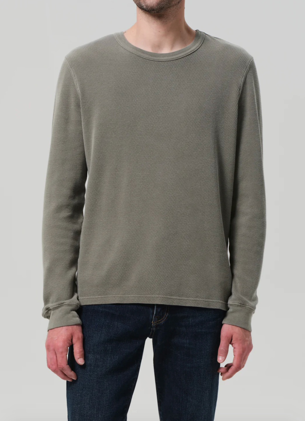 Person wearing Citizens of Humanity Mens Waffle Crewneck in Fatigue