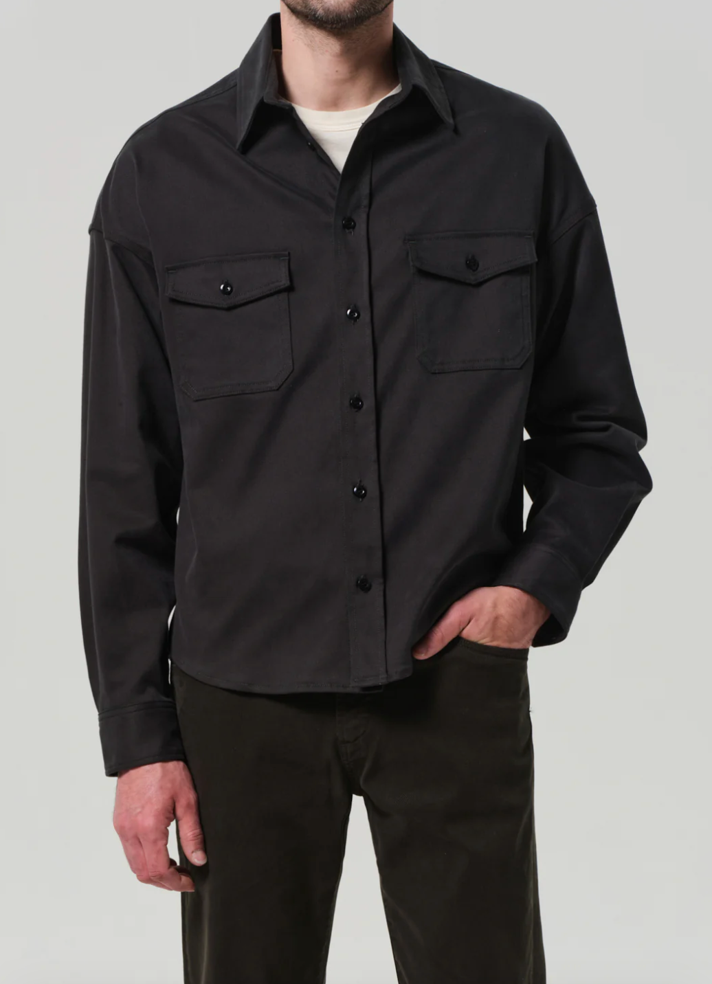 Person wearing Citizens of Humanity mens Shigoto Shirt Jacket in Grey Green