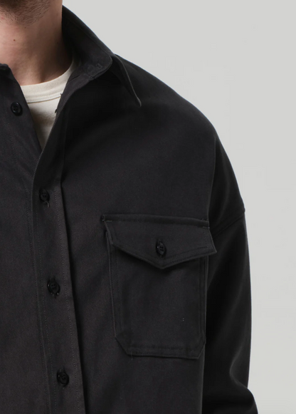 Person wearing Citizens of Humanity mens Shigoto Shirt Jacket in Grey Green