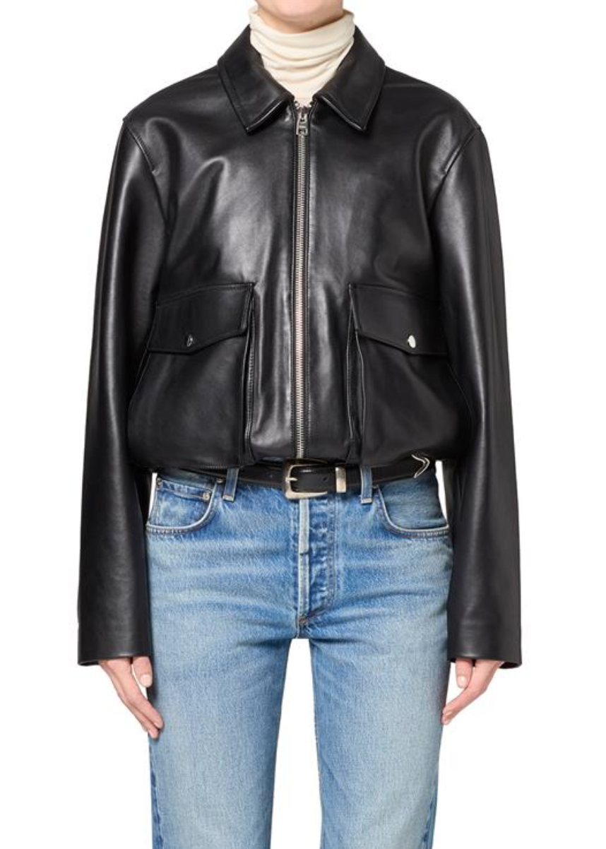 person wearing Citizens of Humanity womens Zip Front Leather Bomber Jacket in Black
