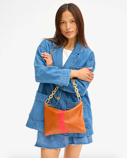 Person wearing bag with Clare V Convertible Shortie Bag Strap in Gold