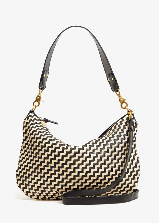 Clare V Moyen Messenger in Black & Cream Woven Zig Zag leather