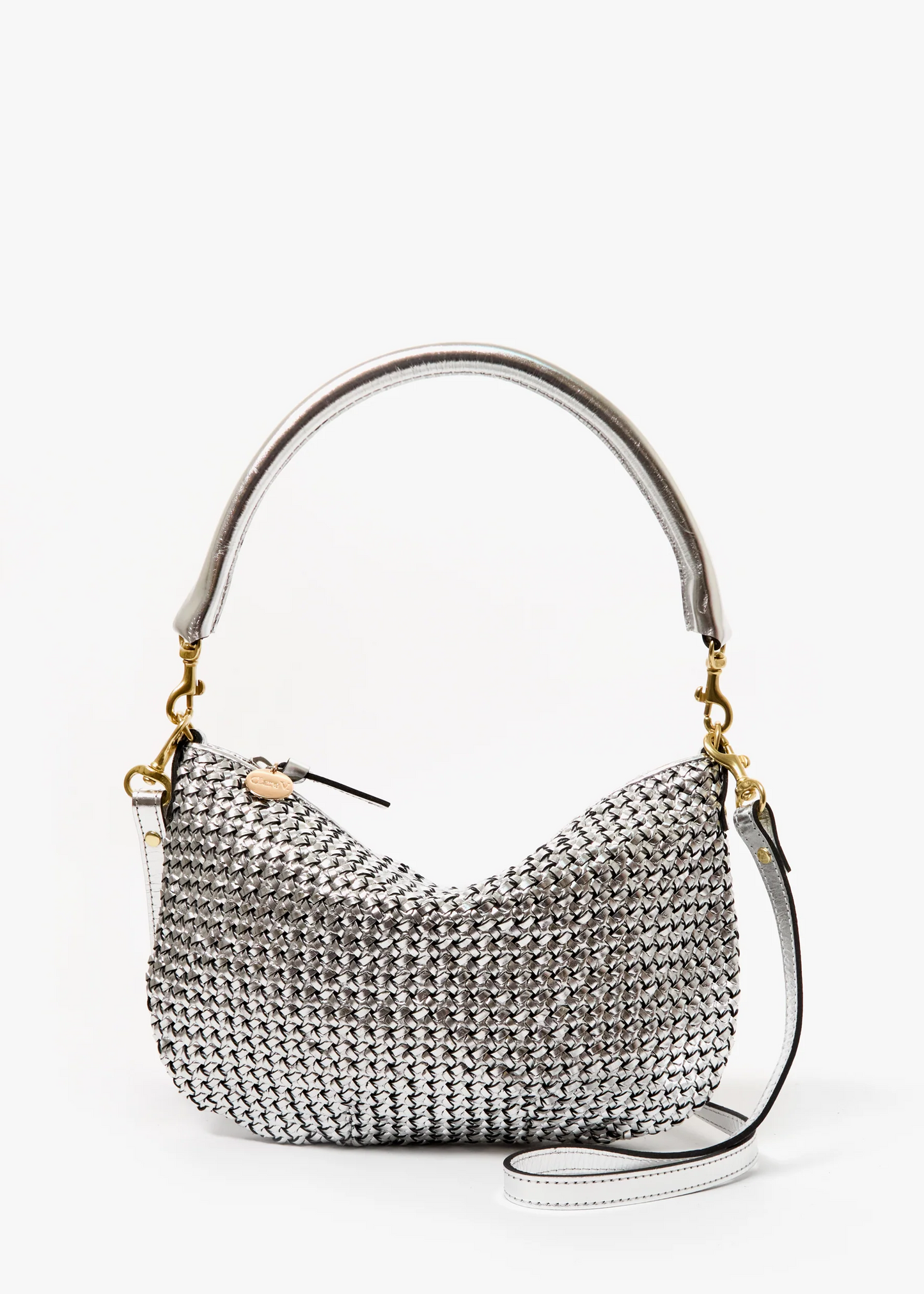 Clare V Petit Moyen Messenger Handbag in Silver Leather Woven Etoile
