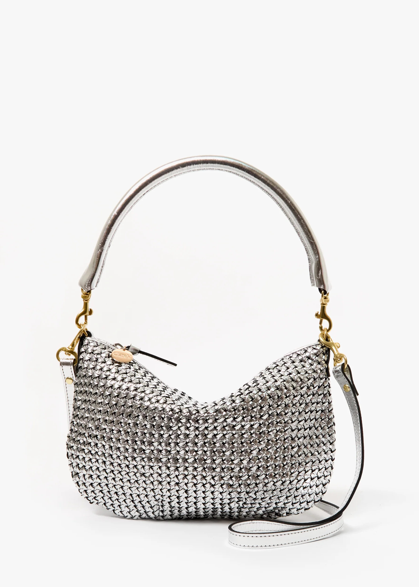 Clare V Petit Moyen Messenger Handbag in Silver Leather Woven Etoile