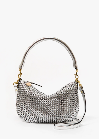 Clare V Petit Moyen Messenger Handbag in Silver Leather Woven Etoile
