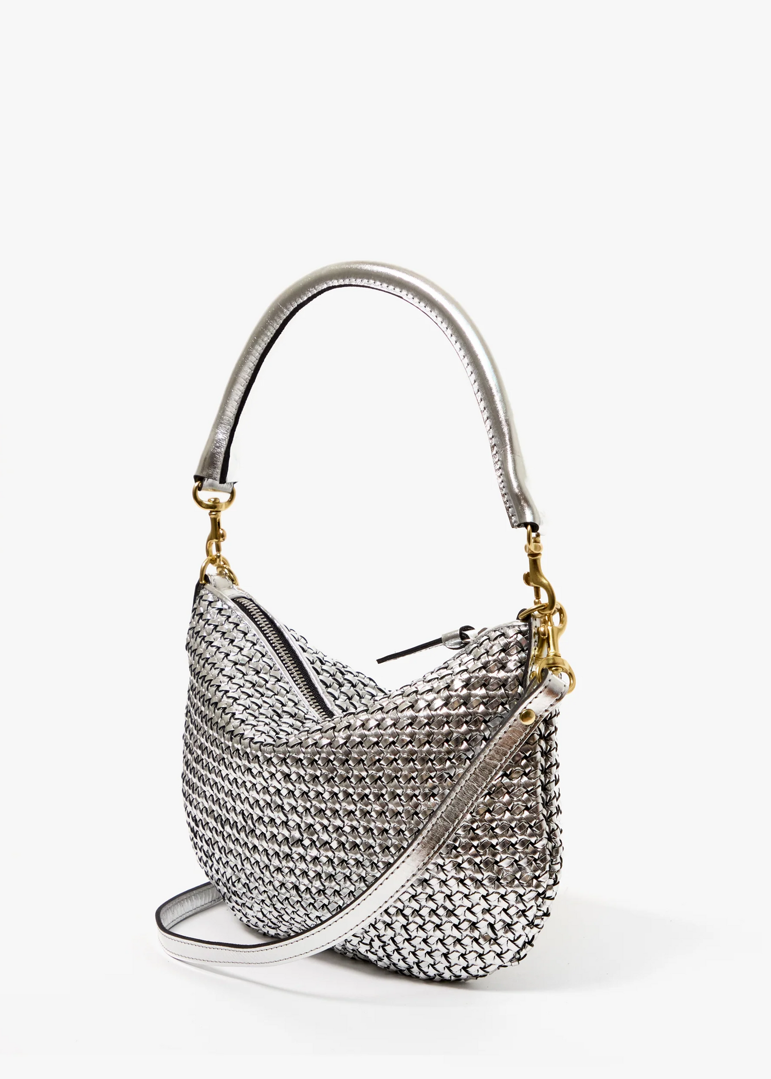Clare V Petit Moyen Messenger Handbag in Silver Leather Woven Etoile