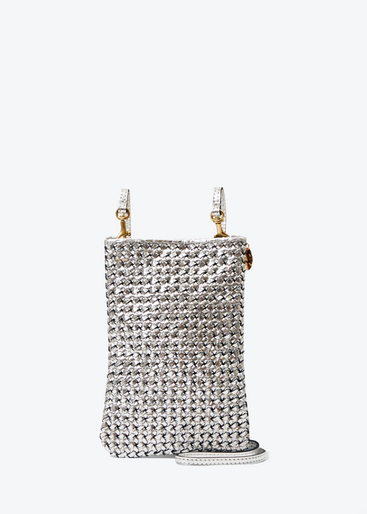 Clare V Poche Crossbody Bag in Silver Woven Étoile Leather