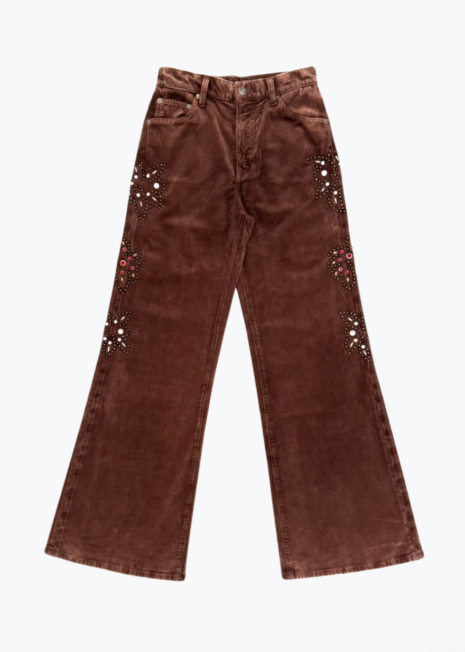 Cout de la Liberte Victoria Flower Embroidered Stretch Corduroy Wide Leg Pants Chocolate Brown
