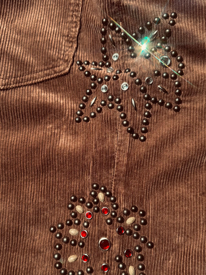 Cout de la Liberte Victoria Flower Embroidered Stretch Corduroy Wide Leg Pants Chocolate Brown