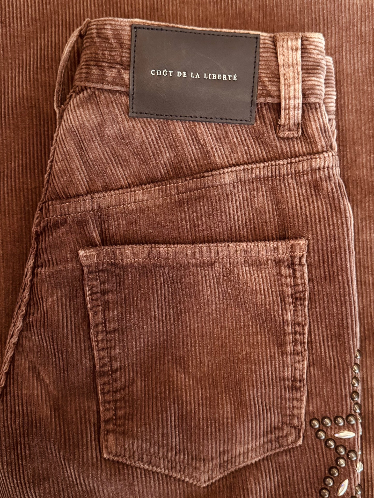 Cout de la Liberte Victoria Flower Embroidered Stretch Corduroy Wide Leg Pants Chocolate Brown