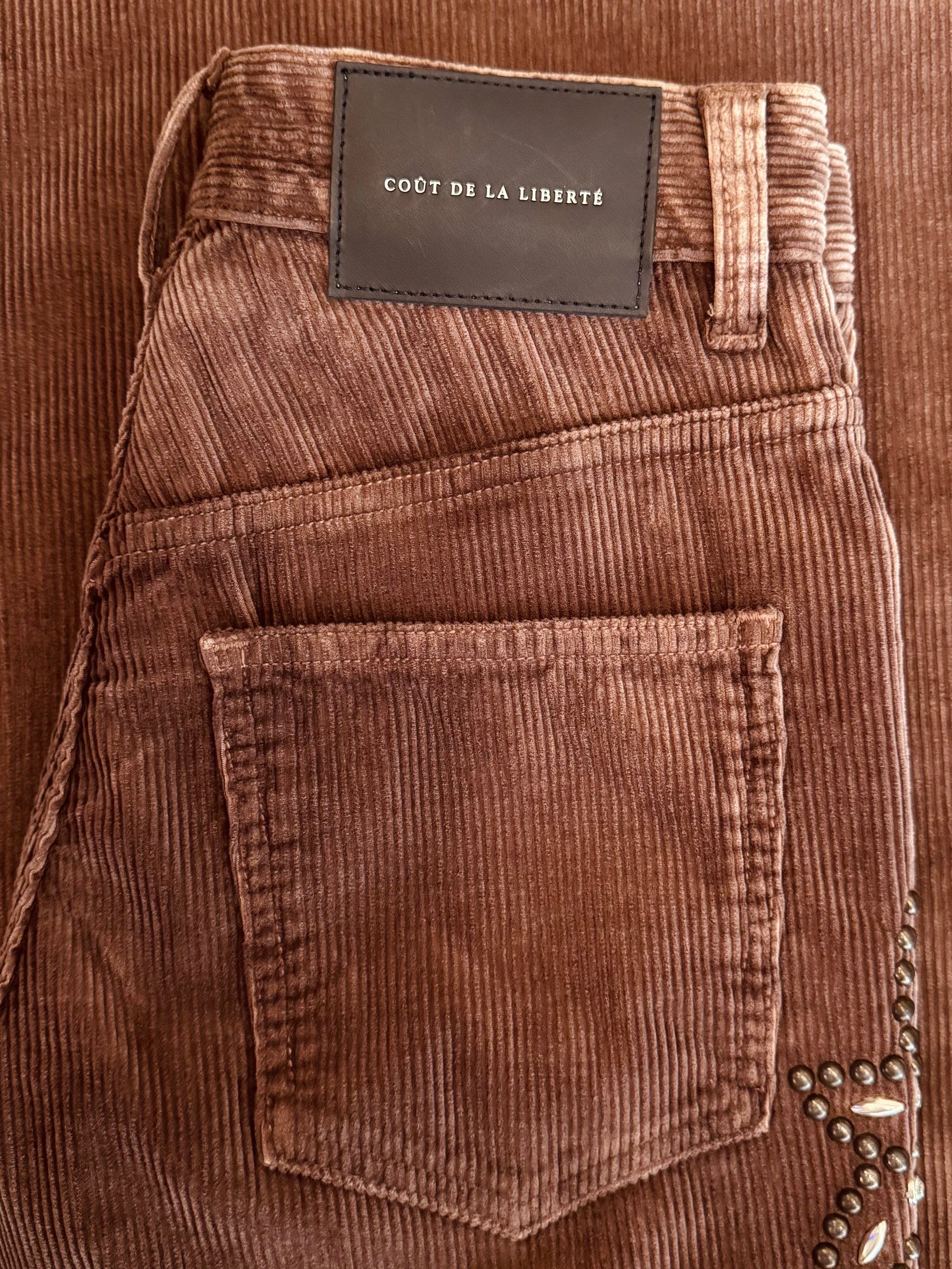 Cout de la Liberte Victoria Flower Embroidered Stretch Corduroy Wide Leg Pants Chocolate Brown