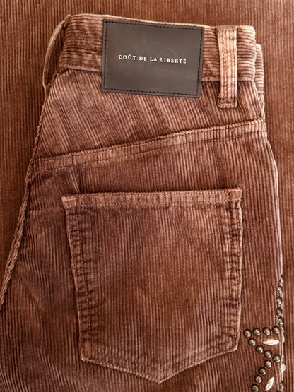 Cout de la Liberte Victoria Flower Embroidered Stretch Corduroy Wide Leg Pants Chocolate Brown