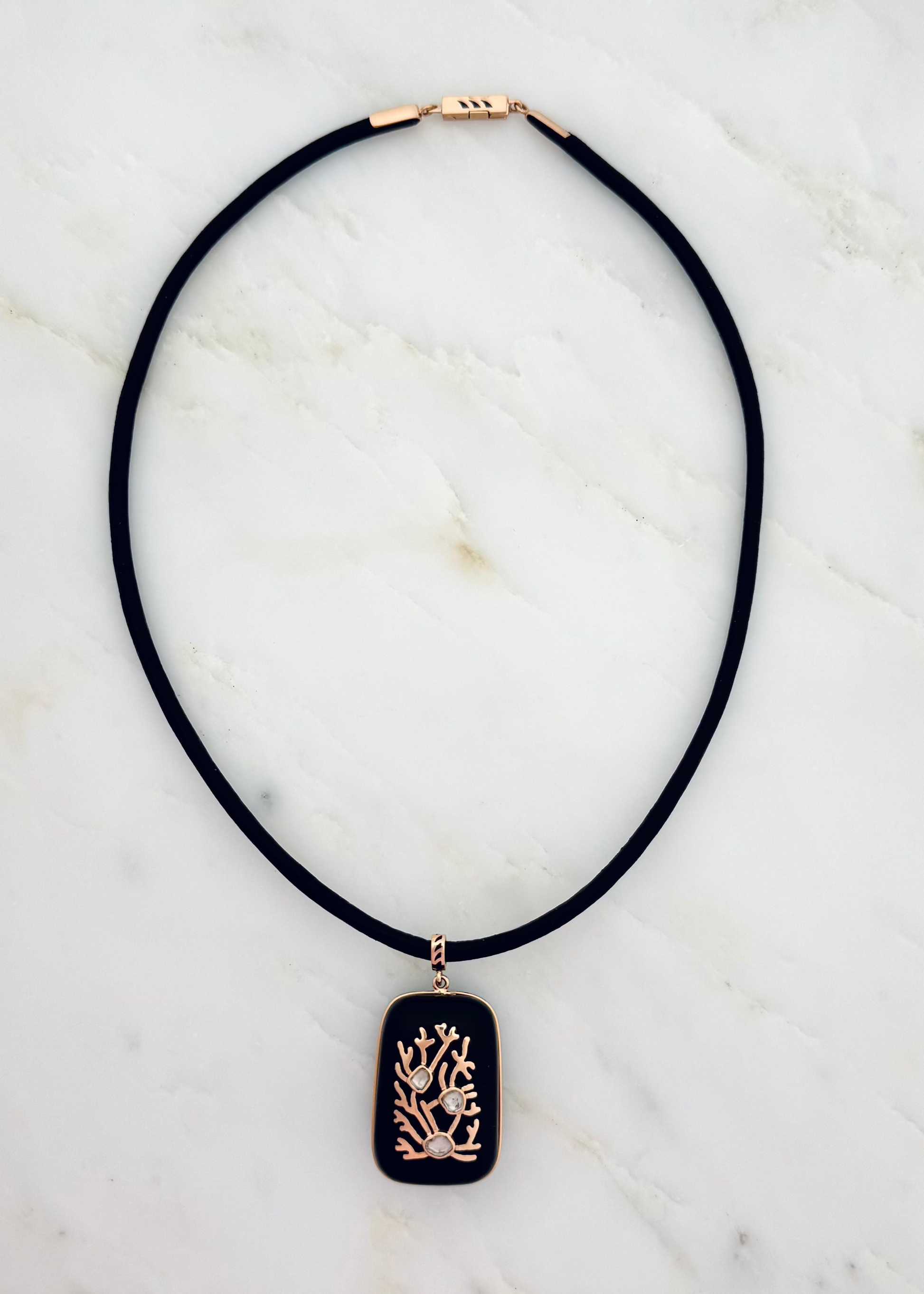 Dezso fine jewelry 18k rose gold Coral Inlay Charm in Onyx and Polki Diamonds