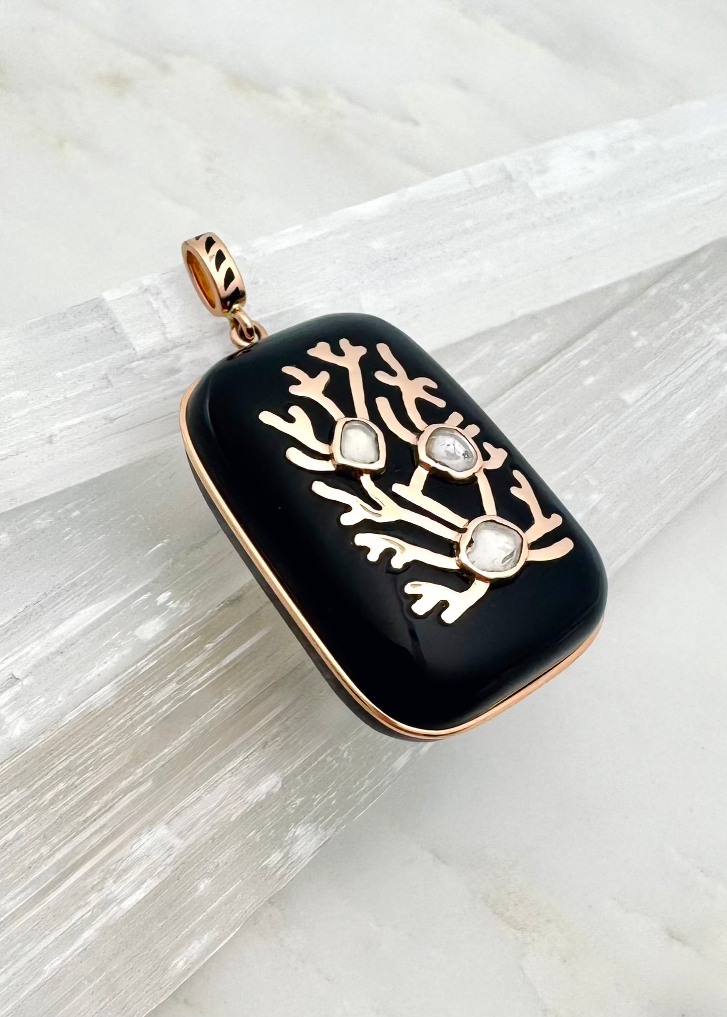 Dezso fine jewelry 18k rose gold Coral Inlay Charm in Onyx and Polki Diamonds