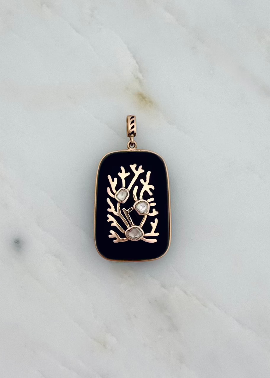 Dezso fine jewelry 18k rose gold Coral Inlay Charm in Onyx and Polki Diamonds