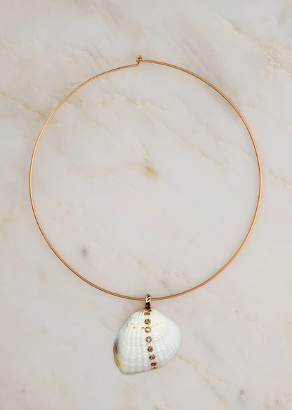 Dezso fine jewelry 18k rose gold Edul Shell with Diamonds on wave wire necklace