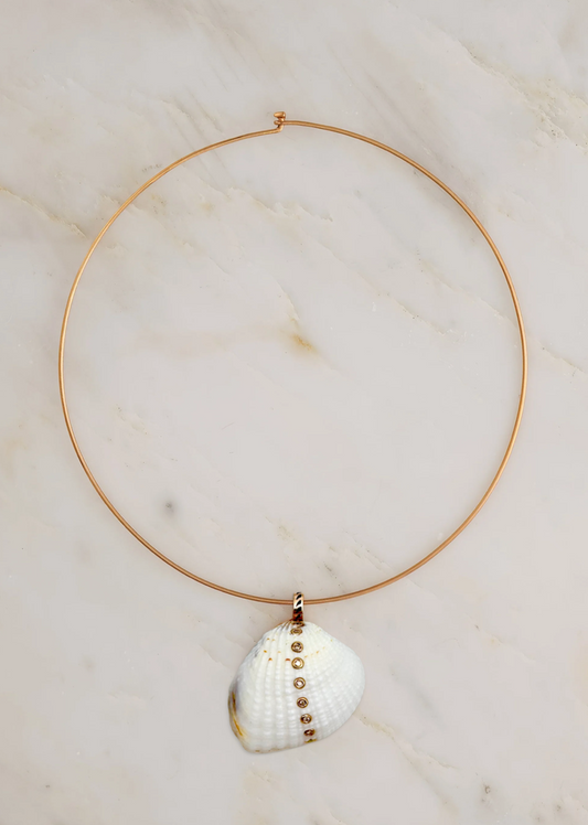 Dezso fine jewelry 18k rose gold Edul Shell with Diamonds on wave wire necklace