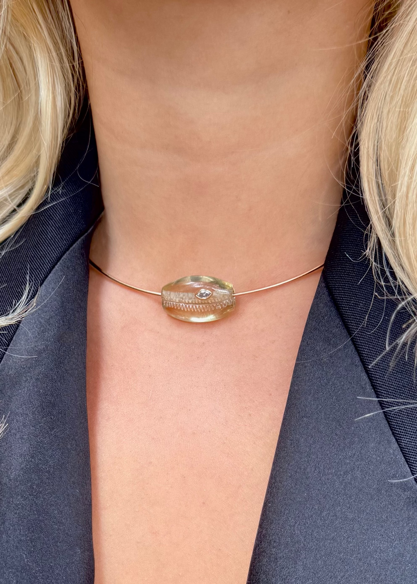 person wearing Dezso fine jewelry 18k rose gold Lemon Quartz Cowry Bead with Diamond