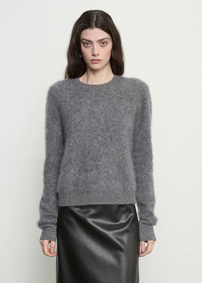 person wearing ENZA COSTA Mink Wash Cashmere Easy Crew in Pewter grey