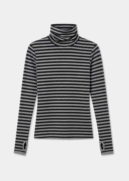 ENZA COSTA womens Cashmere New Classic Mini Stripe Turtleneck in Smoke & Black
