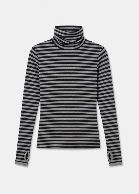 ENZA COSTA womens Cashmere New Classic Mini Stripe Turtleneck in Smoke & Black