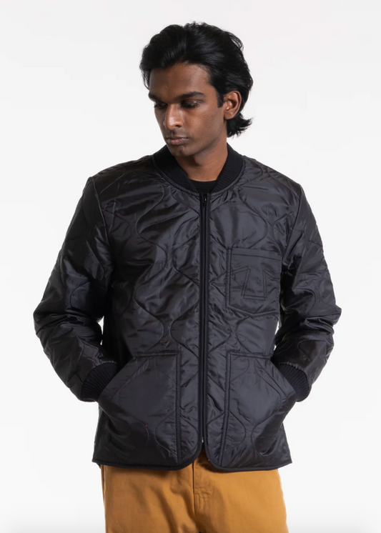 Person wearing Eat Dust Mens Type 2 Frostbite Quilted Nylon Jacket Black