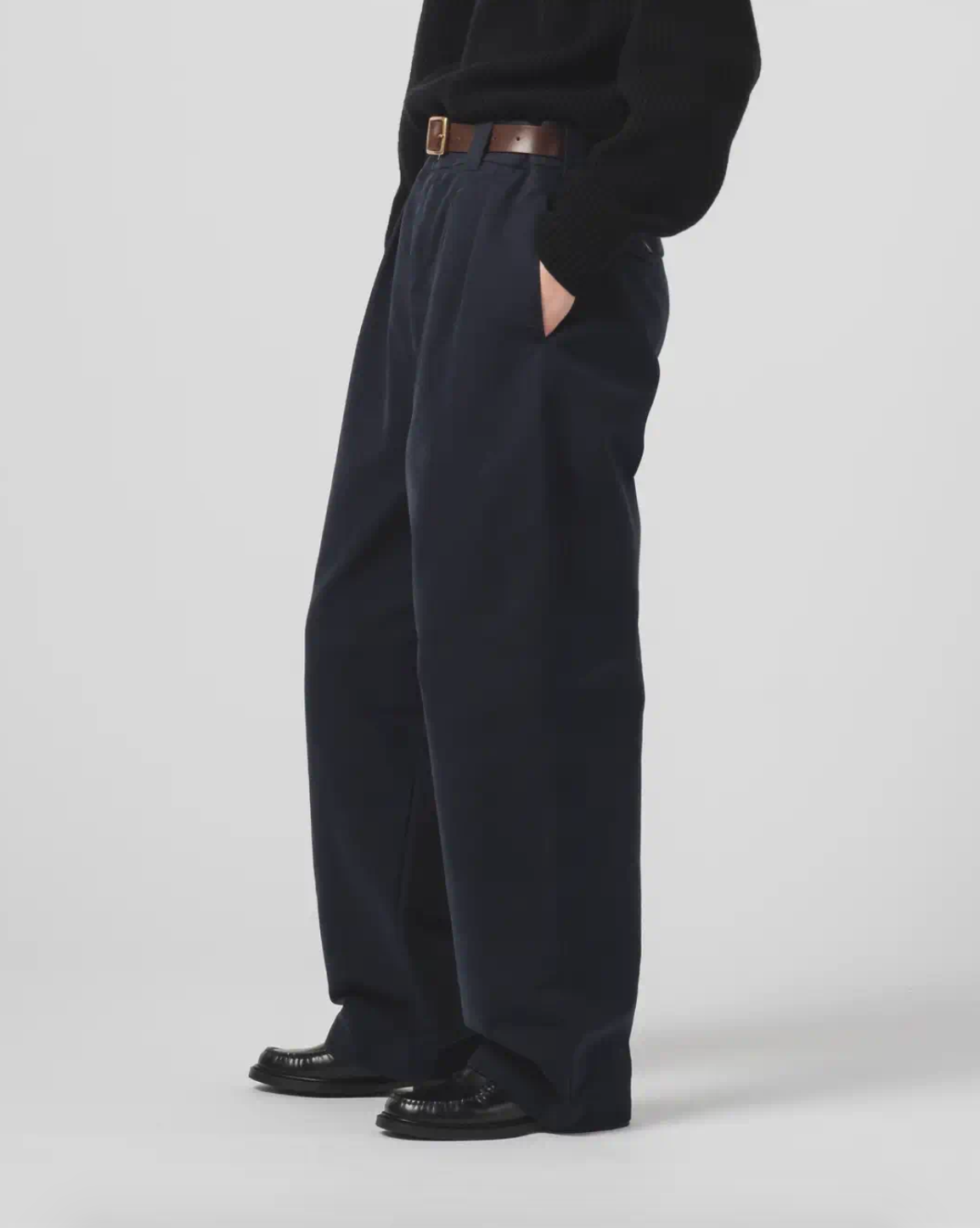 Person wearing Eat Dust Mens Unisex Officer Cotton Chino Pleated Blue