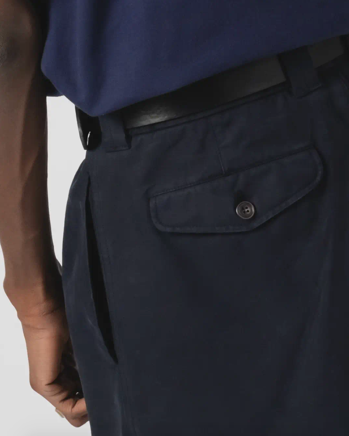 Person wearing Eat Dust Mens Unisex Officer Cotton Chino Pleated Blue