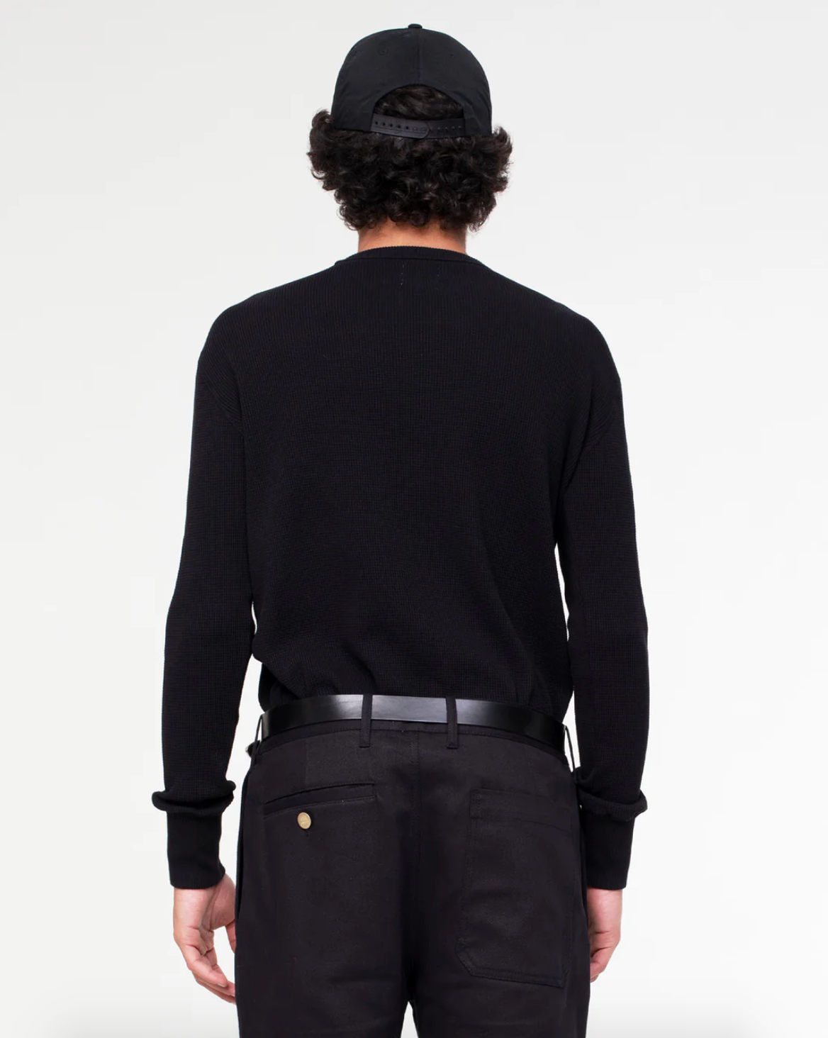 Person wearing Eat Dust Mens Waffle Jersey Long Sleeve Tee Black