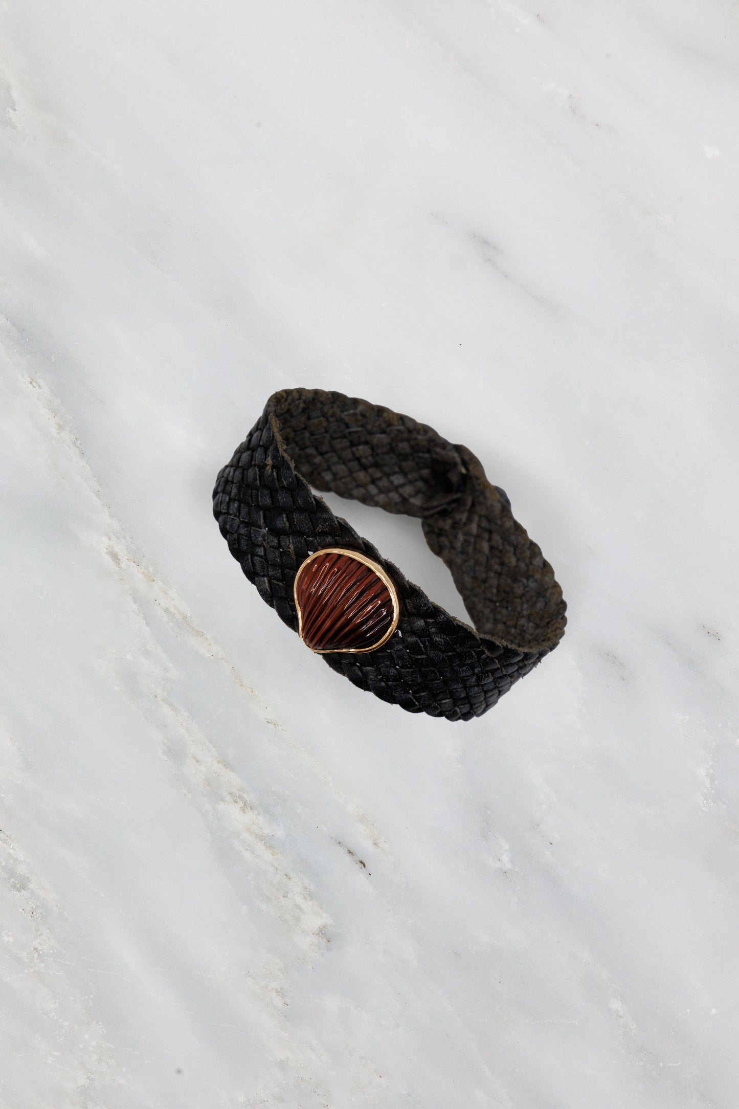 Deszo 18k rose gold carved Tiger Eye woven leather bracelet