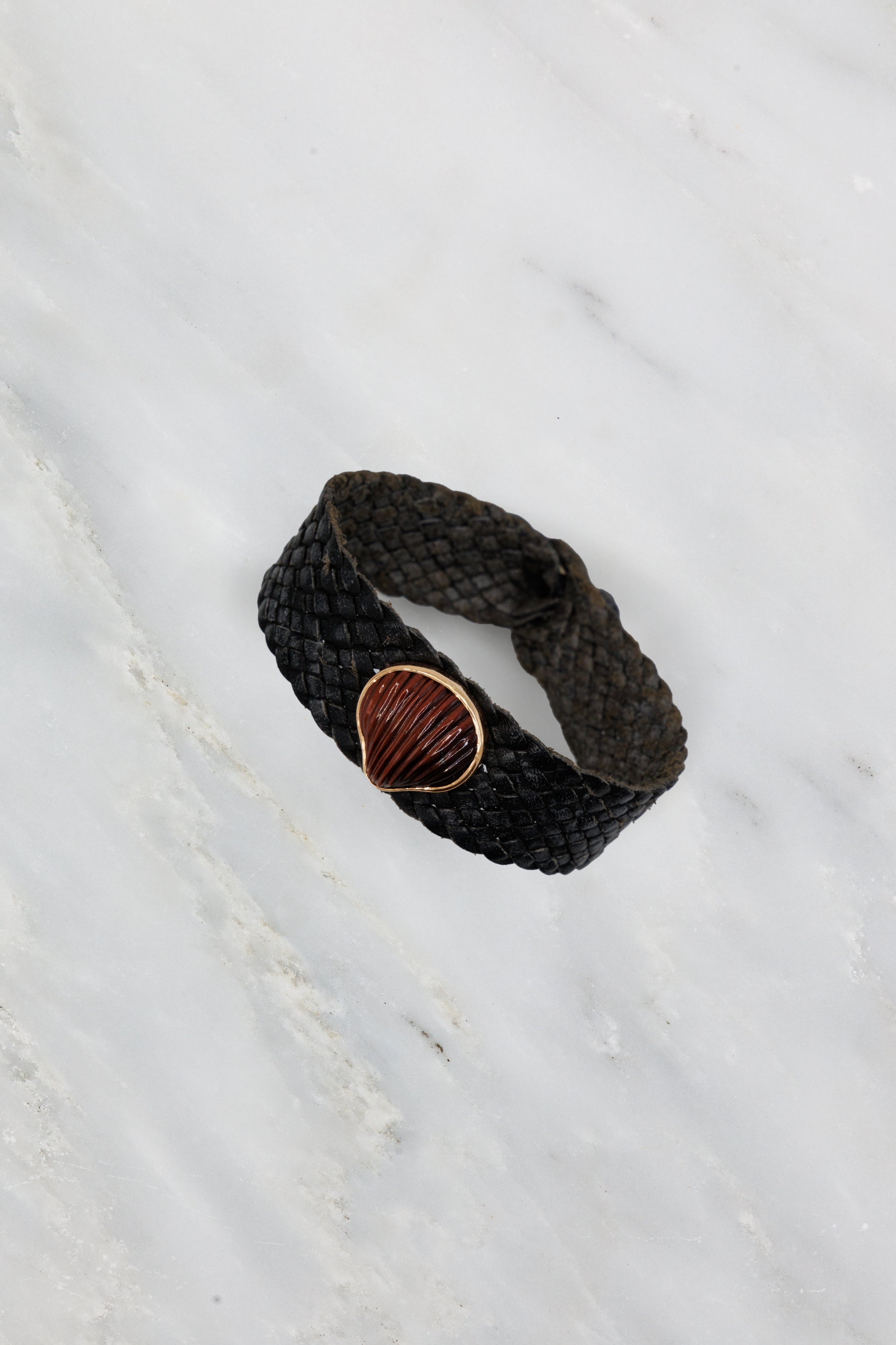 Deszo 18k rose gold carved Tiger Eye woven leather bracelet
