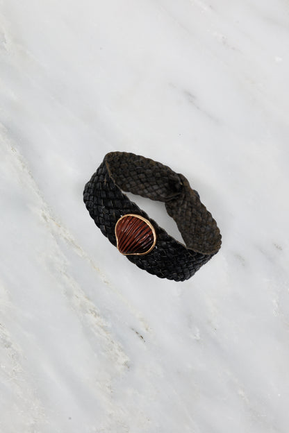 Deszo 18k rose gold carved Tiger Eye woven leather bracelet