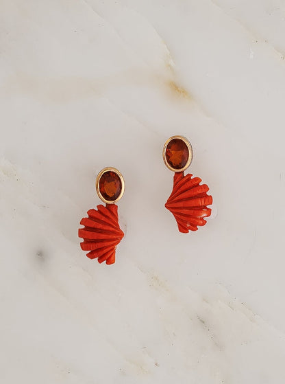 Carved Coral Shell Earrings with Citrine