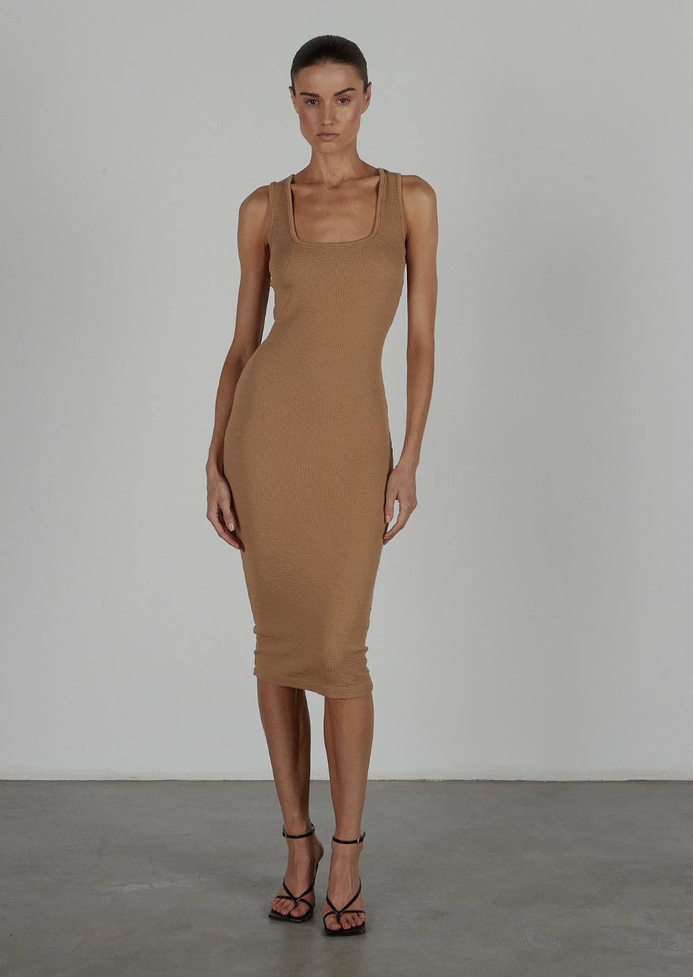Person wearing Enza Costa Puckered Knit Dress Italian Clay