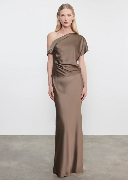 Person wearing Enza Costa womens Silk Full Length Skirt in Mushroom