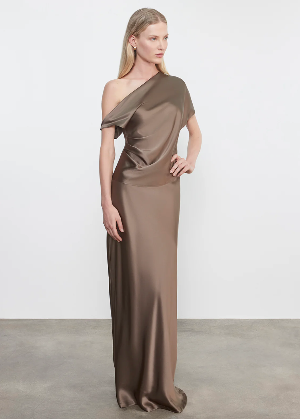 Person wearing Enza Costa womens Silk Full Length Skirt in Mushroom