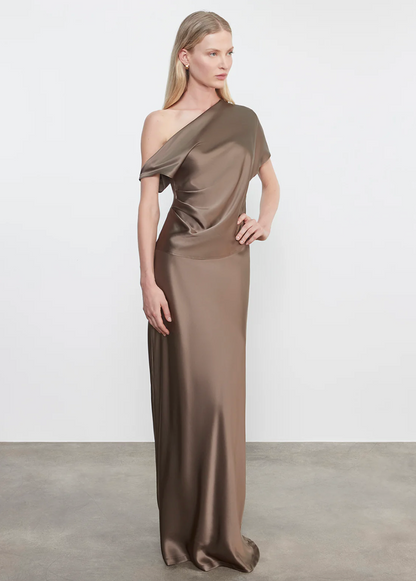Person wearing Enza Costa womens Silk Full Length Skirt in Mushroom
