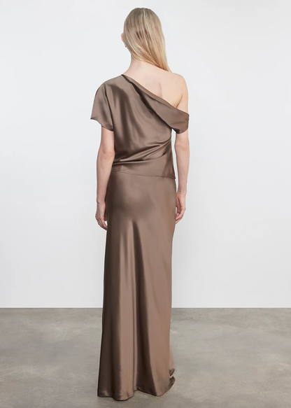Person wearing Enza Costa womens Silk Full Length Skirt in Mushroom