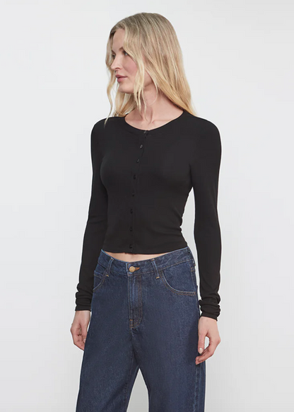 person wearing Enza Costa womens Silk Rib Essential Cardigan in Black