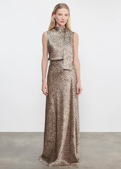 Person wearing Enza Costa womens Silk Satin Full Length Skirt in Cheetah Print