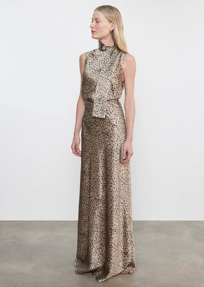 Person wearing Enza Costa womens Silk Satin Full Length Skirt in Cheetah Print