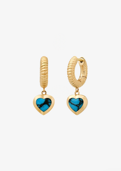Established fine jewelry 14k yellow gold  Turquoise Heart Rope Huggies