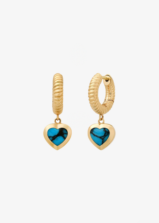 Established fine jewelry 14k yellow gold  Turquoise Heart Rope Huggies