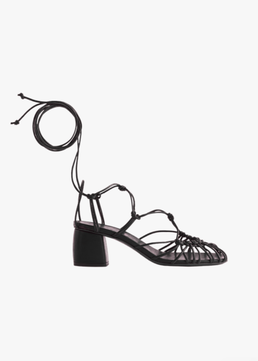 Forte Forte Block Heel Laced Leather Sandals in Nero