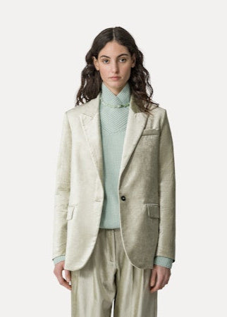 Person wearing Forte Forte Cotton Viscose Stretch Velvet Jacket in Salvia